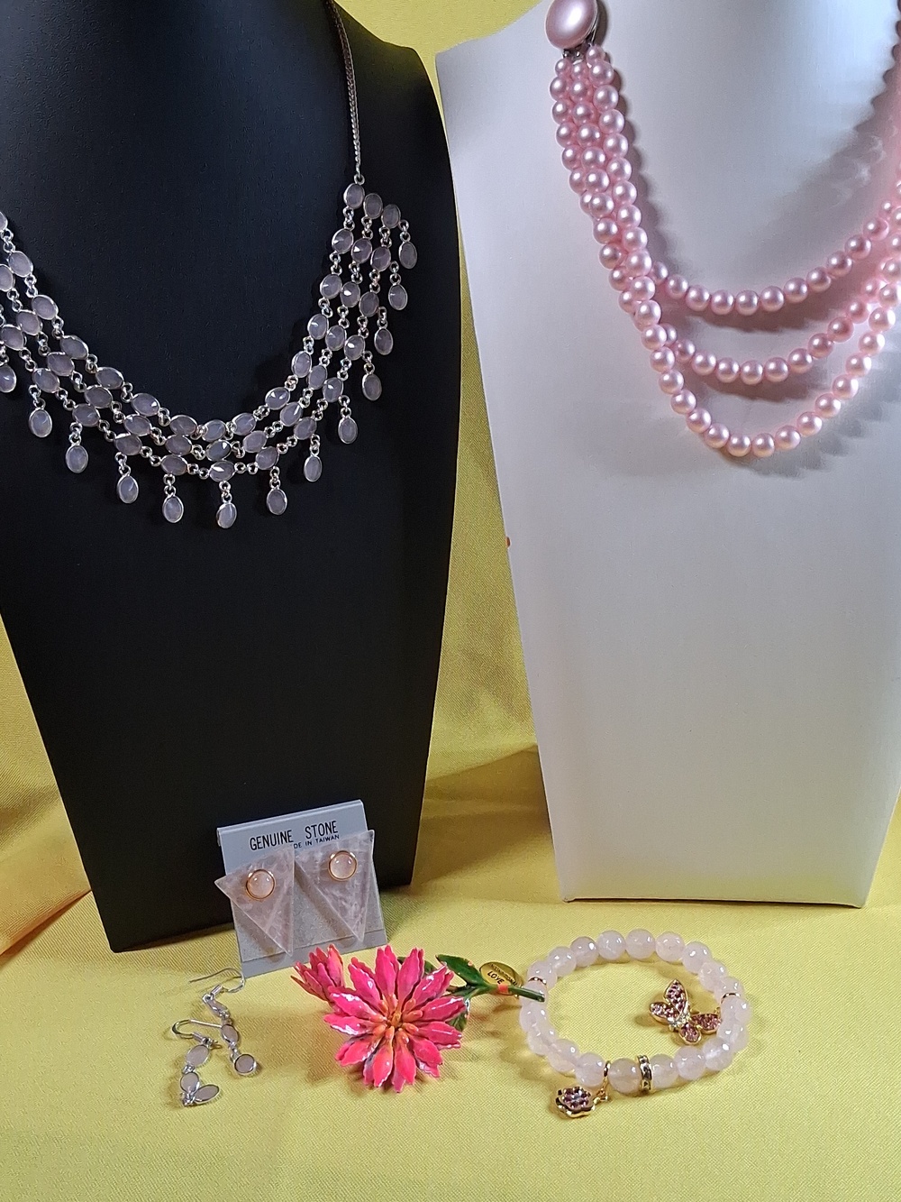 Pink Tone Jewelry Lot Featuring Rose Quartz, Vintage Japan